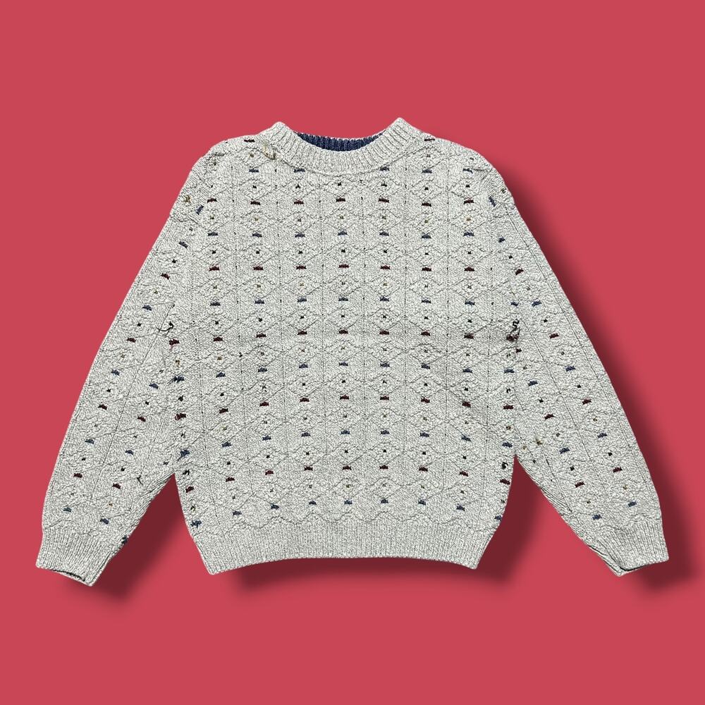 Vintage 90s Sweater Crewneck Pullover Geometric Abstract Cotton Knit Gray Medium